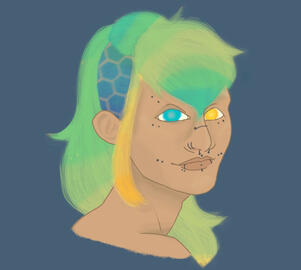 Digital Drawing of an androgynous person with long green yellow and blue hair and piercings